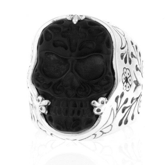 Carved Jet Day of the Dead Skull in Silver Frame Ring