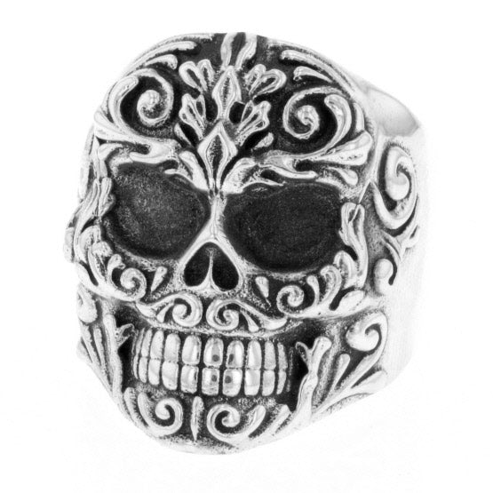 Floral Scroll Relief Skull Ring