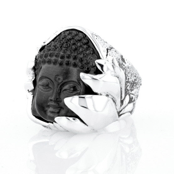 Jet Buddha Hidden in Silver Lotus Ring