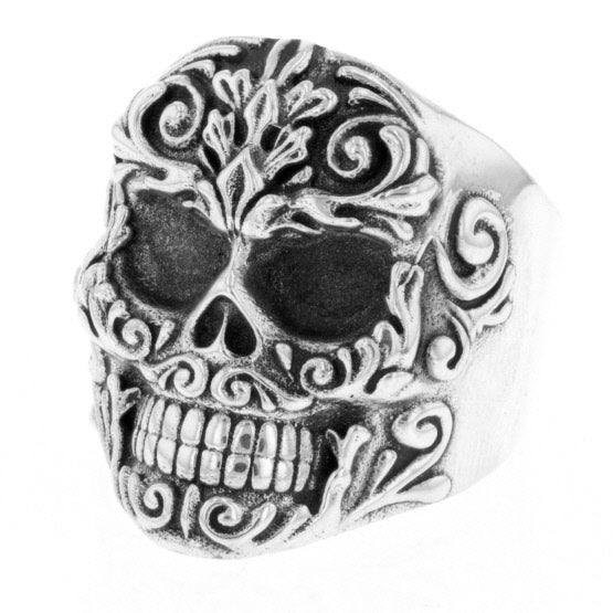 Floral Scroll Relief Skull Ring