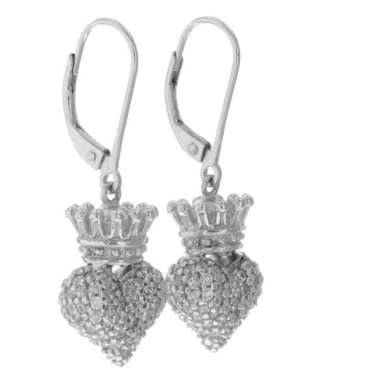 Small 3D Crowned Heart w/Pave CZ Leverback Earrings