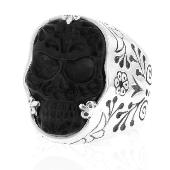 Carved Jet Day of the Dead Skull in Silver Frame Ring