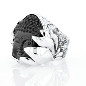 Jet Buddha Hidden in Silver Lotus Ring