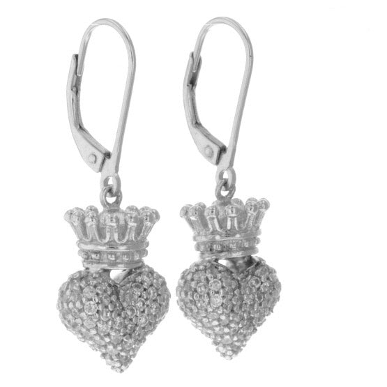 Small 3D Crowned Heart w/Pave CZ Leverback Earrings