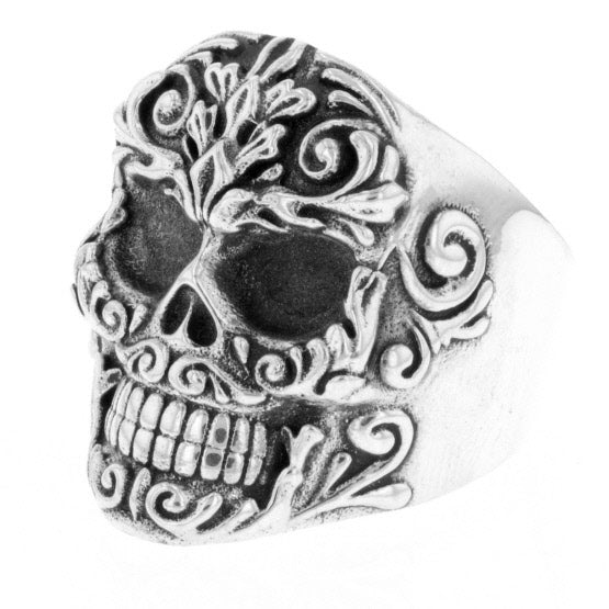 Floral Scroll Relief Skull Ring