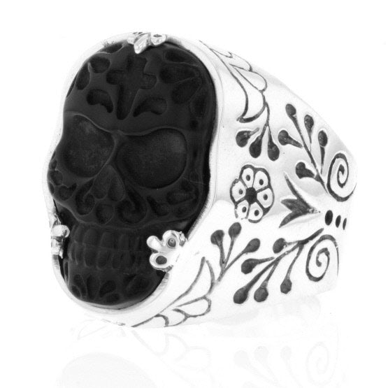 Carved Jet Day of the Dead Skull in Silver Frame Ring