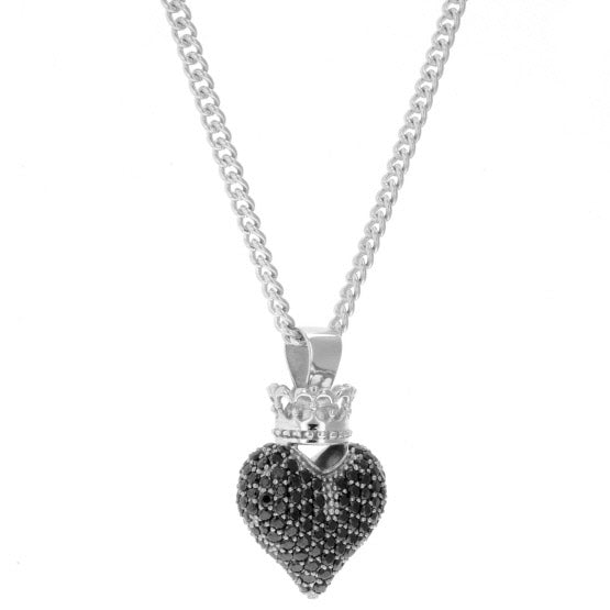 Large 3D Pave Black CZ Crowned Heart Pendant