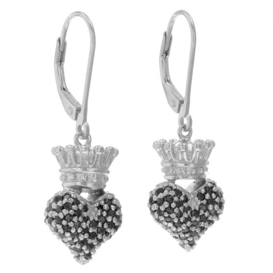 Small 3D Crowned Heart w/Pave Black CZ Leverback Earrings