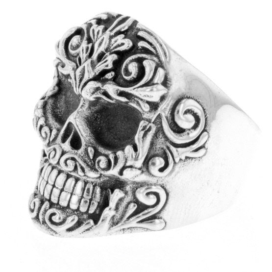 Floral Scroll Relief Skull Ring