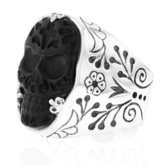 Carved Jet Day of the Dead Skull in Silver Frame Ring