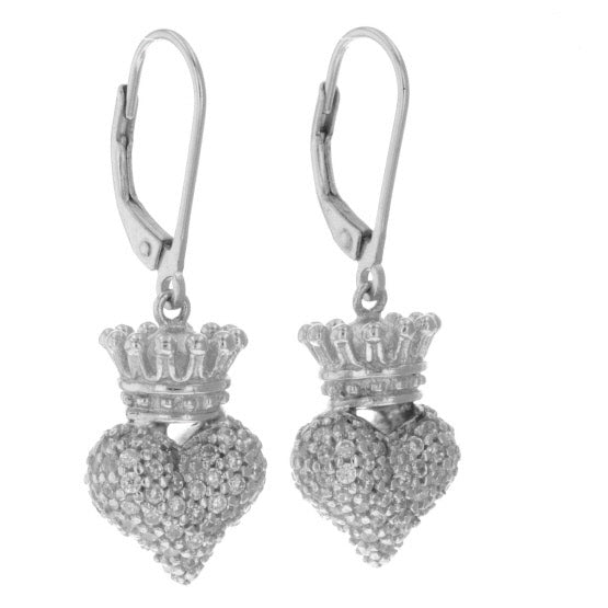 Small 3D Crowned Heart w/Pave CZ Leverback Earrings