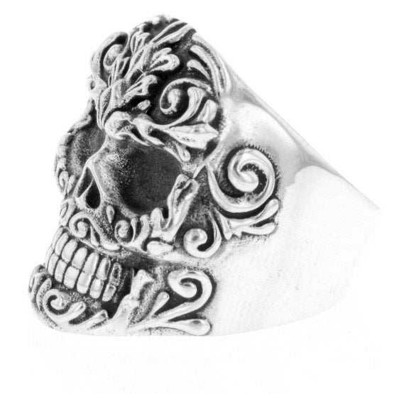 Floral Scroll Relief Skull Ring