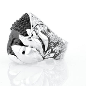 Jet Buddha Hidden in Silver Lotus Ring