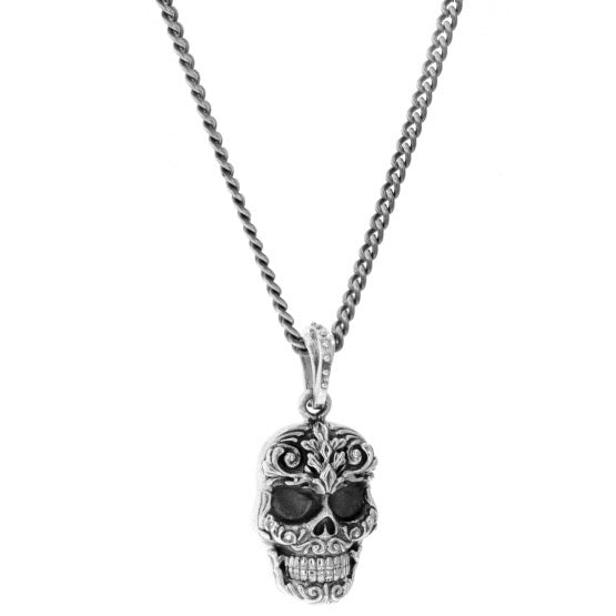 Carved Baroque Skull Pendant on 24 in. Fine Curb Link Chain