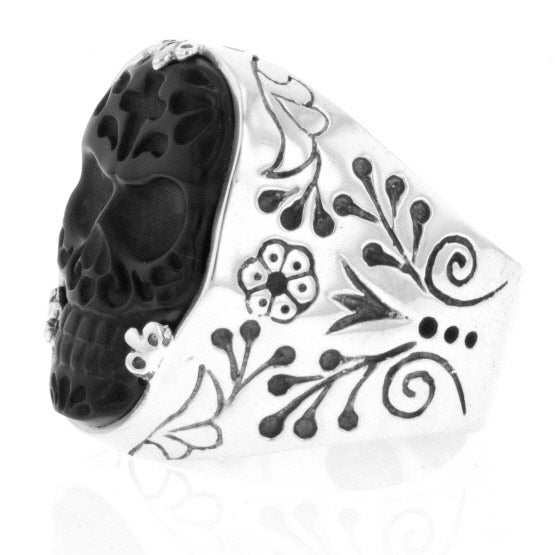 Carved Jet Day of the Dead Skull in Silver Frame Ring