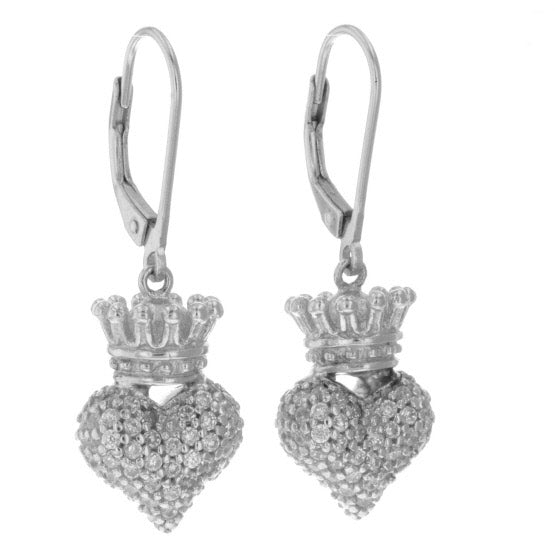 Small 3D Crowned Heart w/Pave CZ Leverback Earrings