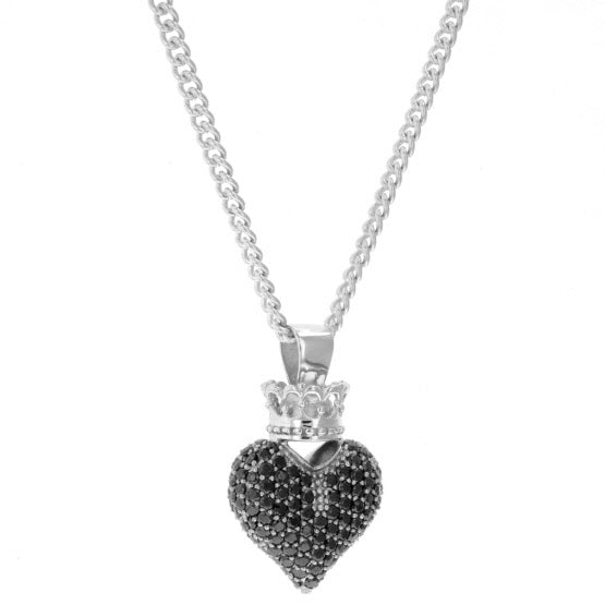 Large 3D Pave Black CZ Crowned Heart Pendant