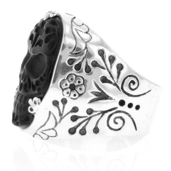 Carved Jet Day of the Dead Skull in Silver Frame Ring