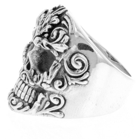 Floral Scroll Relief Skull Ring