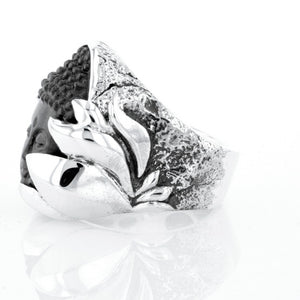 Jet Buddha Hidden in Silver Lotus Ring