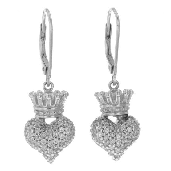 Small 3D Crowned Heart w/Pave CZ Leverback Earrings