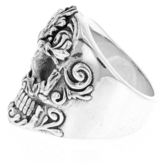 Floral Scroll Relief Skull Ring