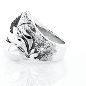 Jet Buddha Hidden in Silver Lotus Ring