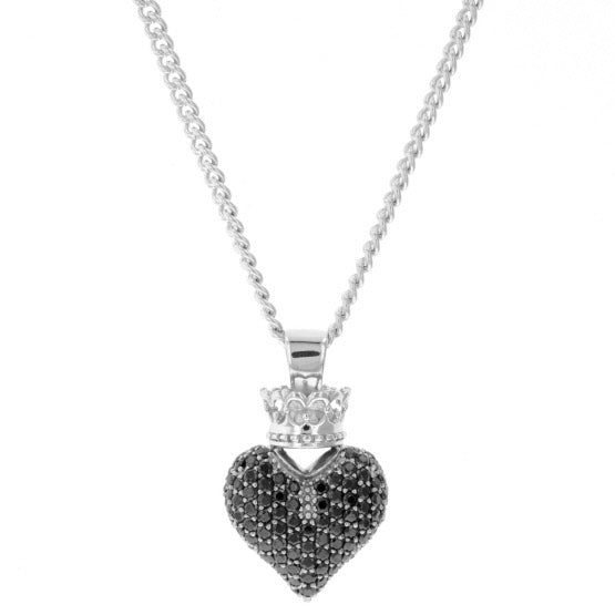 Large 3D Pave Black CZ Crowned Heart Pendant