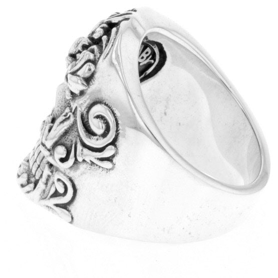 Floral Scroll Relief Skull Ring