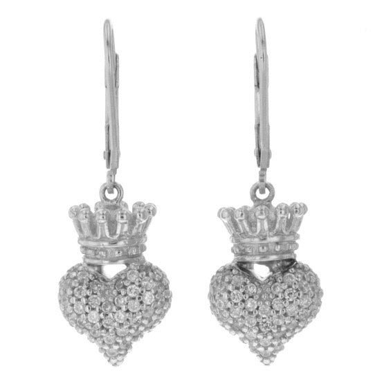 Small 3D Crowned Heart w/Pave CZ Leverback Earrings