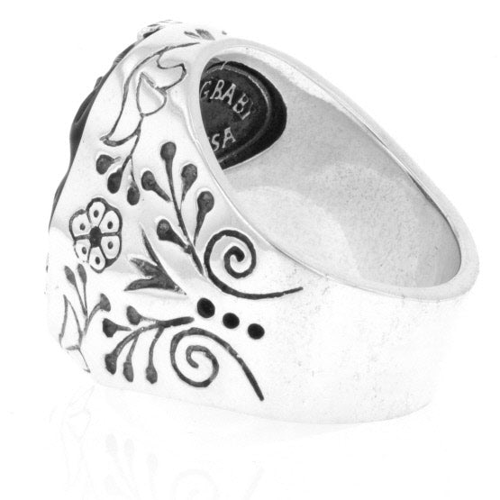 Carved Jet Day of the Dead Skull in Silver Frame Ring