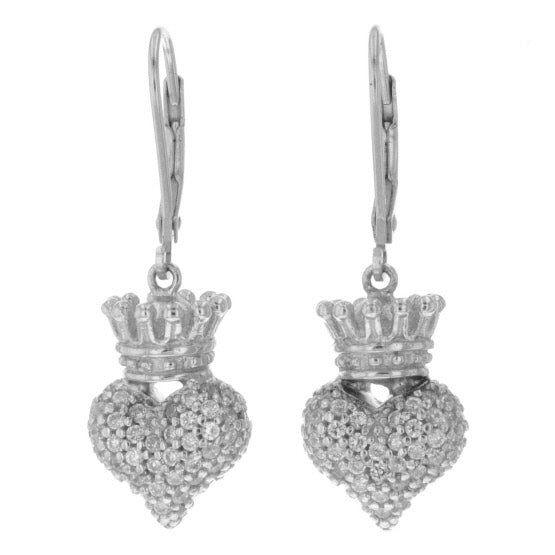 Small 3D Crowned Heart w/Pave CZ Leverback Earrings