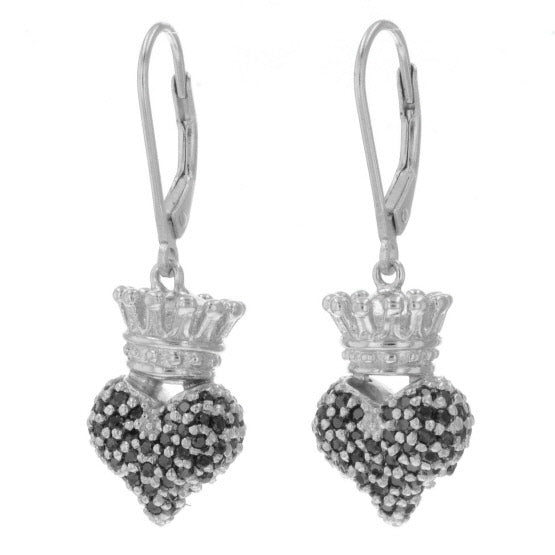 Small 3D Crowned Heart w/Pave Black CZ Leverback Earrings