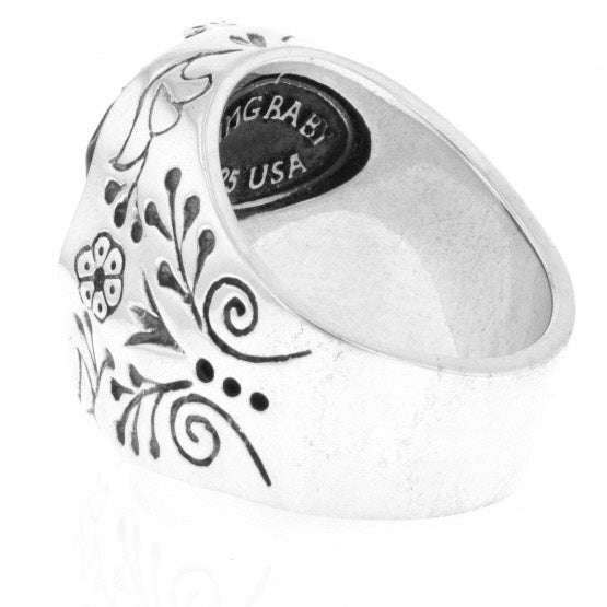 Carved Jet Day of the Dead Skull in Silver Frame Ring