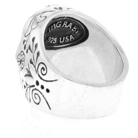 Carved Jet Day of the Dead Skull in Silver Frame Ring