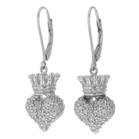 Small 3D Crowned Heart w/Pave CZ Leverback Earrings