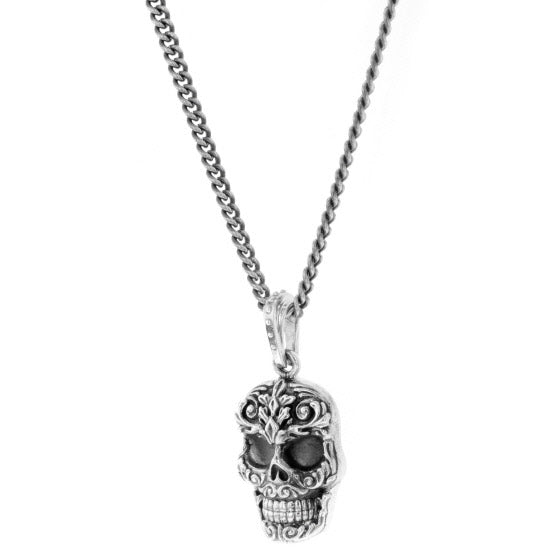 Carved Baroque Skull Pendant on 24 in. Fine Curb Link Chain