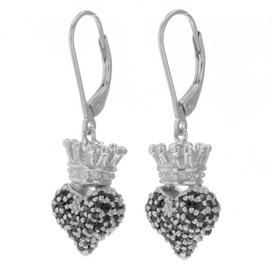 Small 3D Crowned Heart w/Pave Black CZ Leverback Earrings