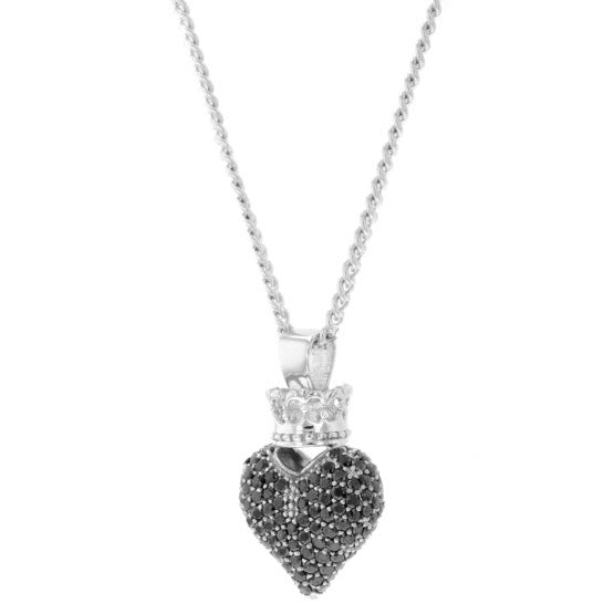 Large 3D Pave Black CZ Crowned Heart Pendant