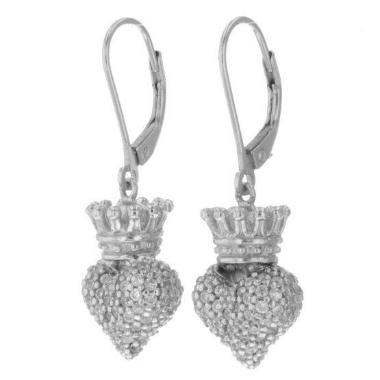 Small 3D Crowned Heart w/Pave CZ Leverback Earrings