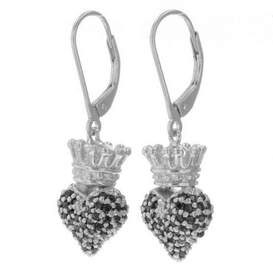 Small 3D Crowned Heart w/Pave Black CZ Leverback Earrings