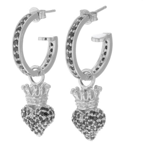 Small Pave Black CZ Crowned Heart Hoops