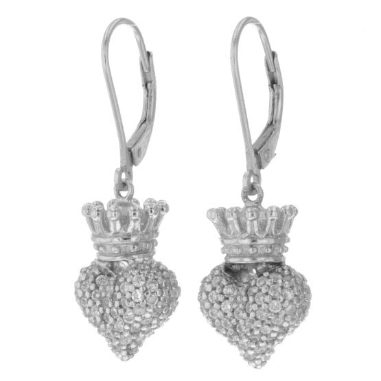 Small 3D Crowned Heart w/Pave CZ Leverback Earrings