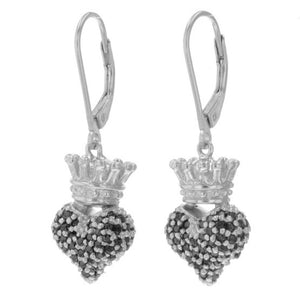 Small 3D Crowned Heart w/Pave Black CZ Leverback Earrings