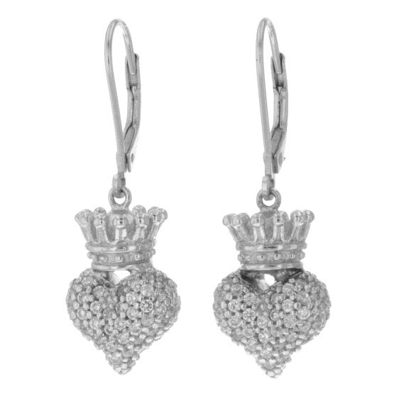 Small 3D Crowned Heart w/Pave CZ Leverback Earrings