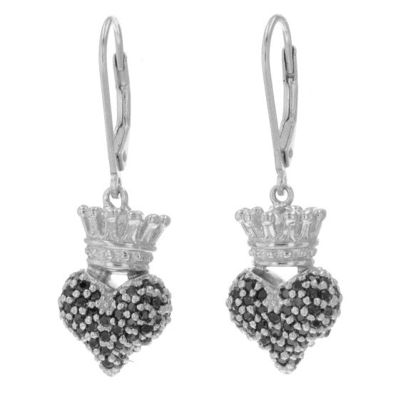 Small 3D Crowned Heart w/Pave Black CZ Leverback Earrings