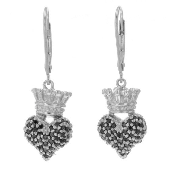 Small 3D Crowned Heart w/Pave Black CZ Leverback Earrings