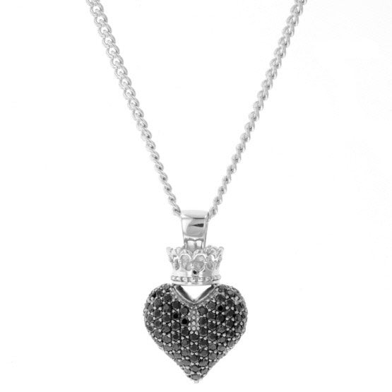 Large 3D Pave Black CZ Crowned Heart Pendant