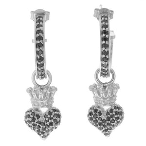 Small Pave Black CZ Crowned Heart Hoops