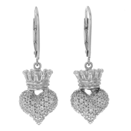 Small 3D Crowned Heart w/Pave CZ Leverback Earrings